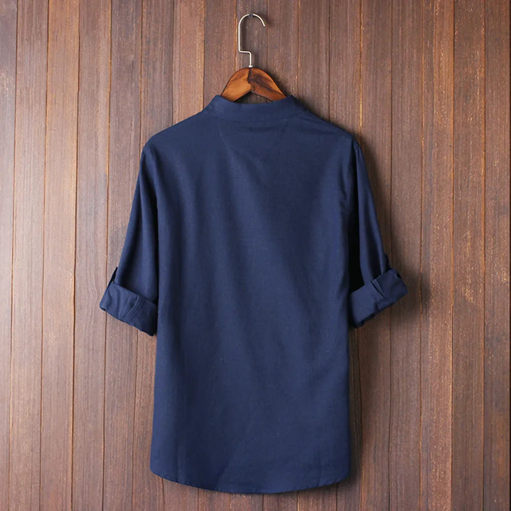 Мужские рубашки blusa masculina, китайский стиль, рубашка Кунг-фу, Мужской Топ, костюм Тан, 3/4 рукав, льняная рубашка, уличная одежда, camisa masculina