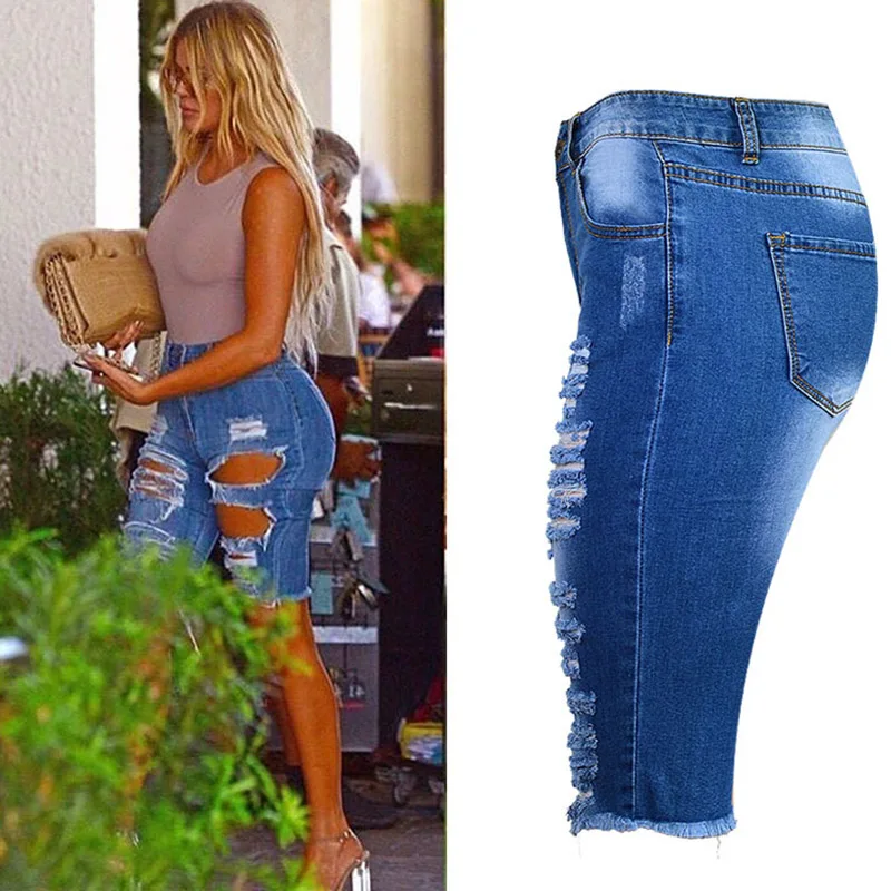Летние Для женщин по колено Ленточки рваные эластичного денима Штаны с высокой