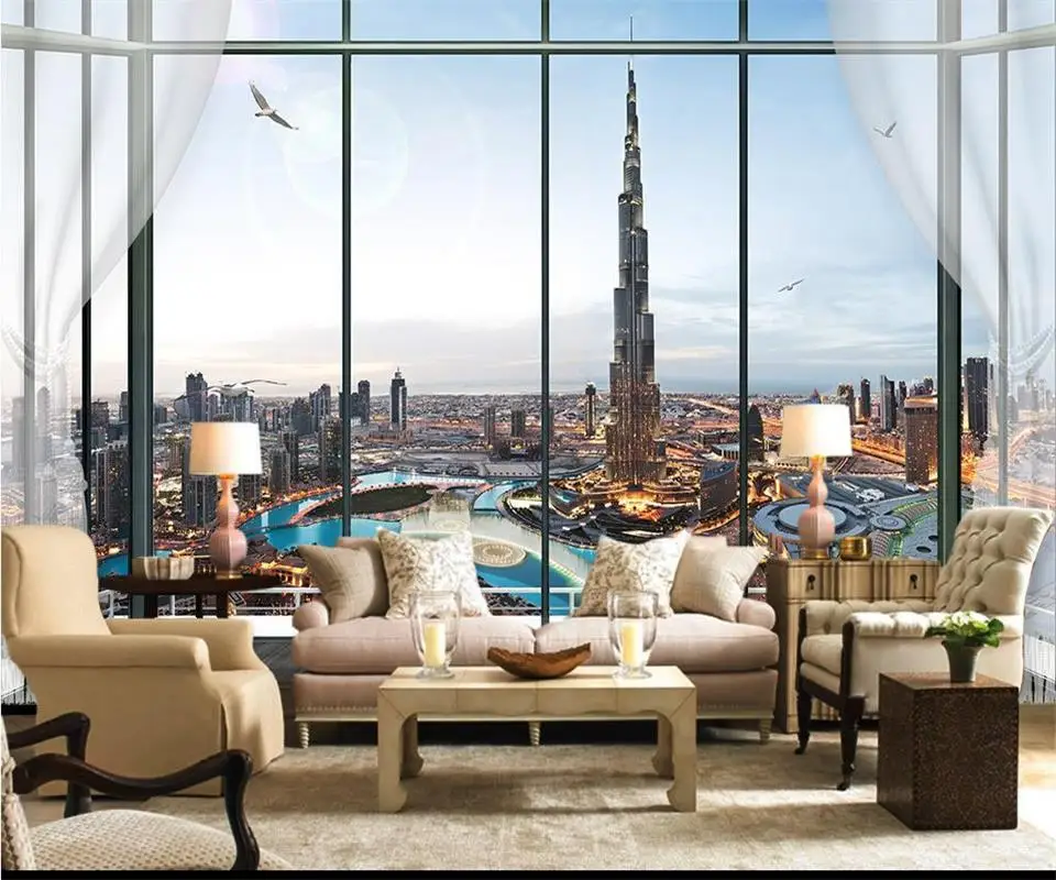3d обои фото на заказ росписи окна гостиной города Дубай башня 3D картина диван ТВ