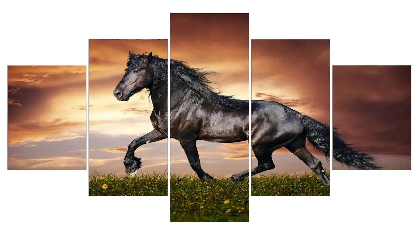 Free shipping 2017 New Style Frameless painting Black Stallion canvas wall art 5 panel for bedroom living room home decor | Дом и сад
