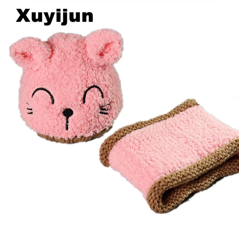 XUYIJUN 2018 year brand 2 pieces / set of girls shoes boy hat scarf kit cute cat children's children skullies beanies Balaclava |