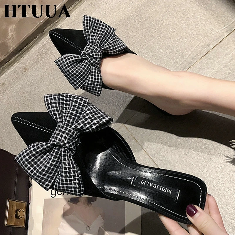 HTUUA/2019 г. модные клетчатые тапочки с бантом женские сабо пикантные слипоны острым