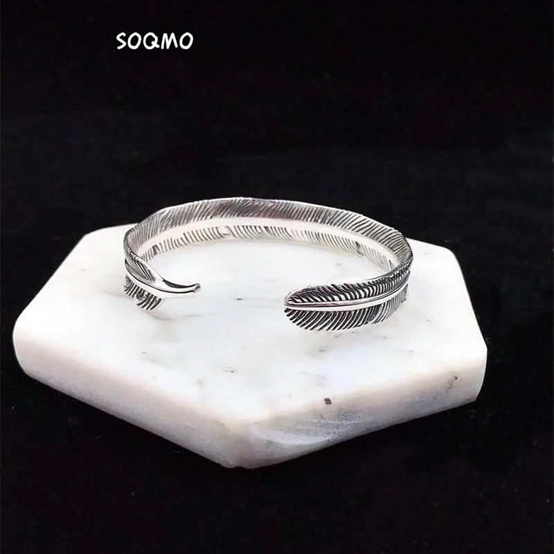 SOQMO открытый жесткий браслет из стерлингового серебра 925 пробы в форме пера для