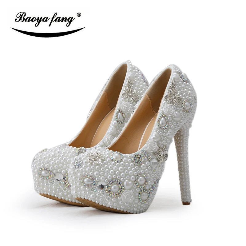 

Fashion Women pearl Beaded Wedding shoes Bridal party dress shoes 8cm/11cm/14cm high platfomr shoes woman Pumps big size