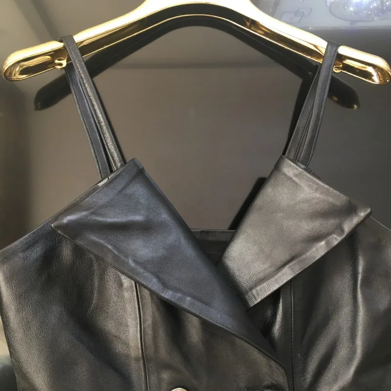 Женский короткий жилет из натуральной кожи черный пикантный без рукавов уличная