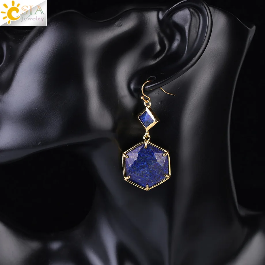 Lapis Lazuli CSJA Женские Висячие серьги с зубцами, геометрические драгоценные камни, ювелирные изделия, двухсторонний граненый Шестигранник, натуральный камень, лабрадорит, серьги F409 - Окраска металла: Lapis Lazuli