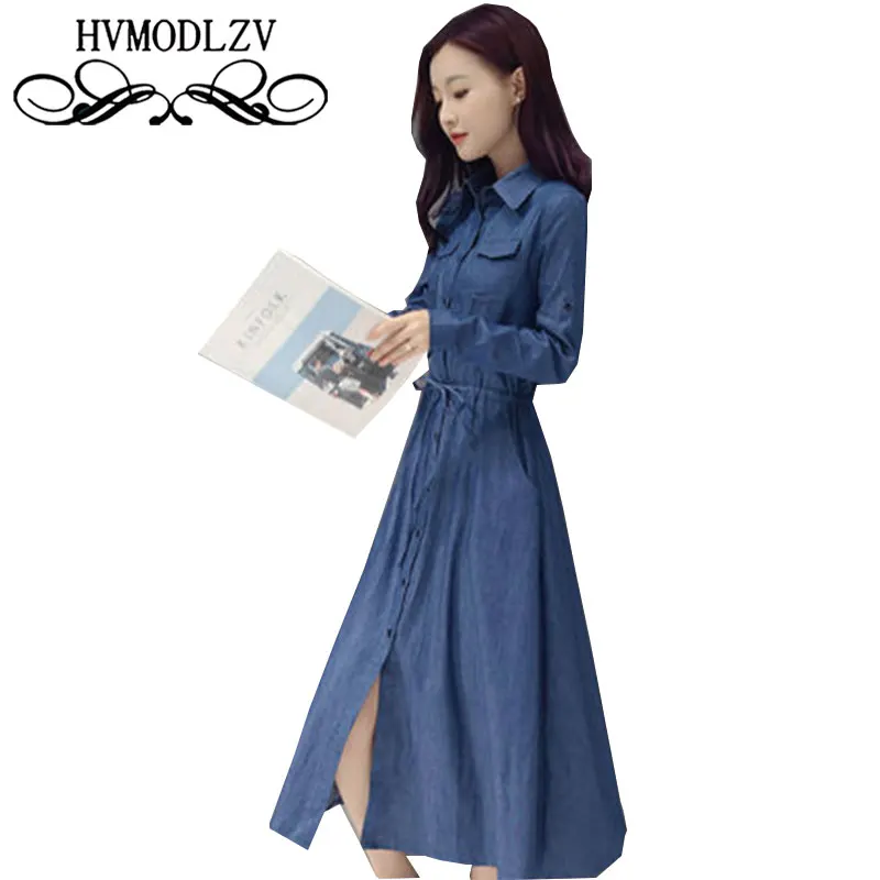 Весенне осеннее женское тонкое джинсовое платье с длинным рукавом Новинка 2017