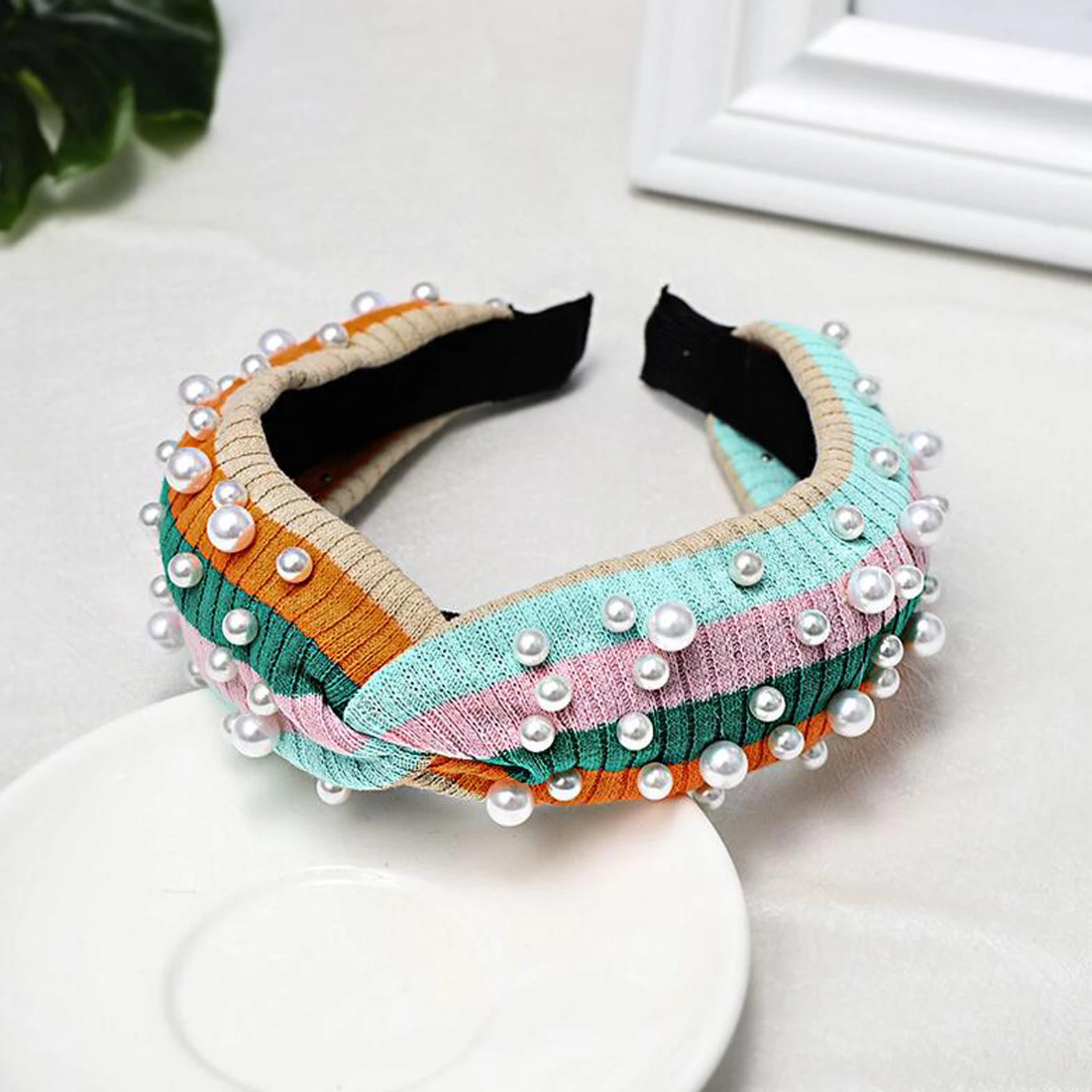 Новая модная Радужная повязка на голову с жемчугом, повязка на голову для взрослых, высокая резинка для волос, для девочек, пэчворк, богемный для волос, аксессуары, тюрбан для взрослых