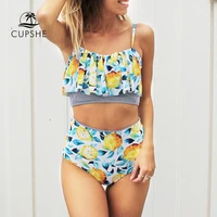 cupshe summer lemon print falbala bikini set women ruffle high waisted two pieces swimwear 2021 beach bathing suit swimsuit