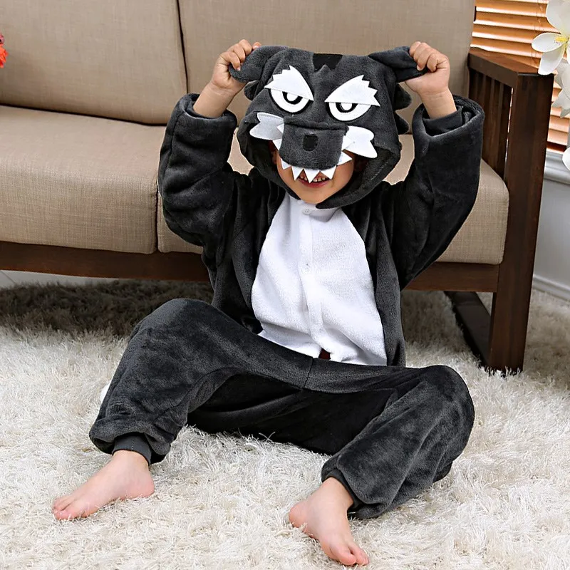 Child Boys Grey Wolf Panda Bird Cosplay One piece Pajama Kid Baby Girls Winter Sleepwear Halloween Party dress Hooded Costume
