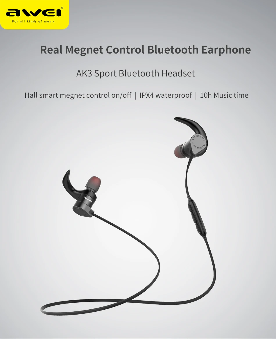 AWEI AK3, беспроводные Bluetooth наушники, наушники с микрофоном, спортивные, водонепроницаемые, магнитные, наушники, наушники для телефона
