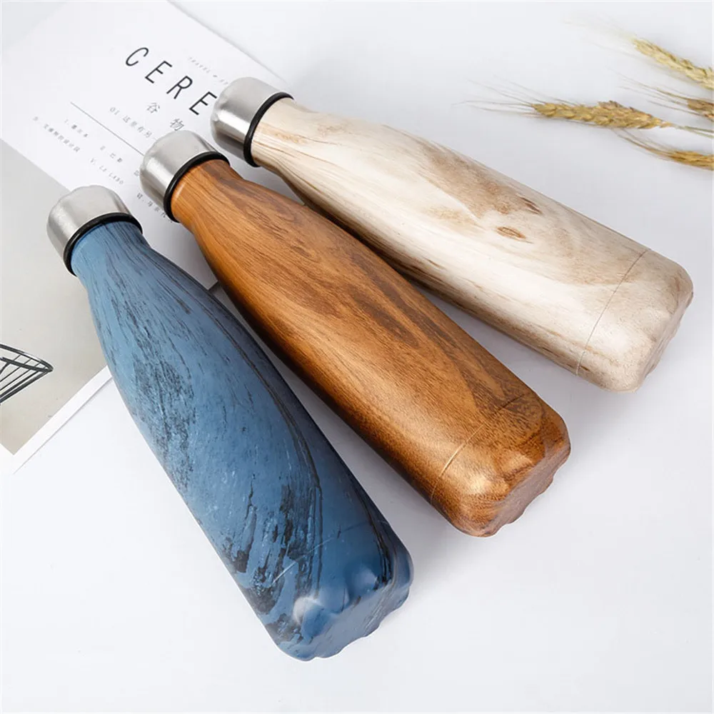 Wooden Texture Printed Thermos BPA Free Water Bottle Stainless Steel Vacuum Flask Insulated Drink Bottle Outdoors Cup