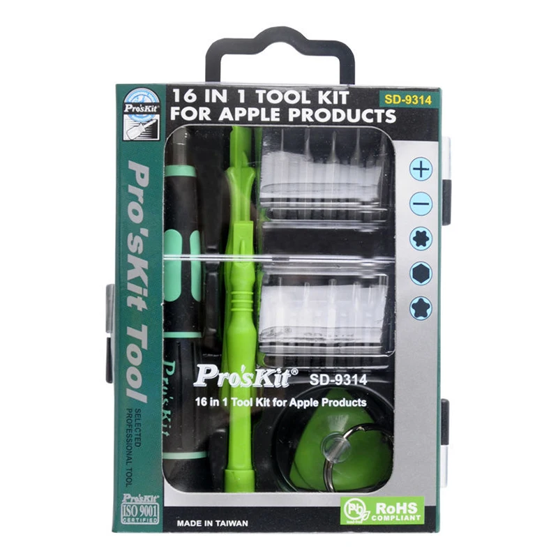 

Pro'sKit SD-9314 16 in 1 tool kit for Apple Products iPad iPhone Mobile Phone Repair Screwdriver Set