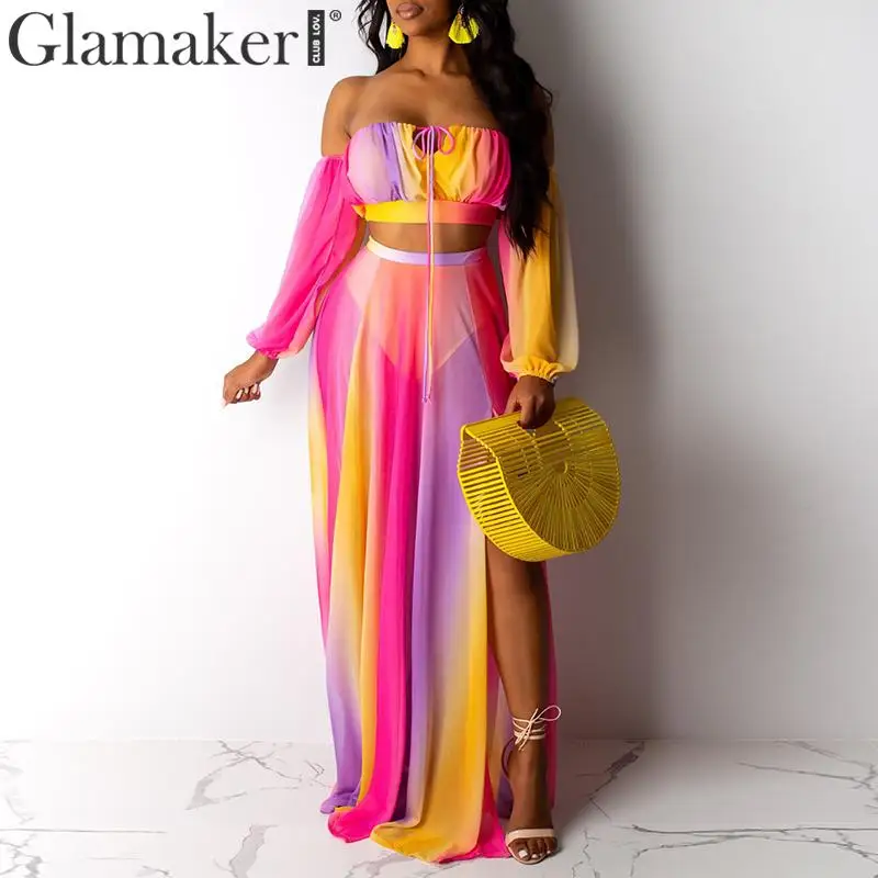 Glamaker, Радужный костюм из 3 предметов, винтажное платье, женское платье с открытыми плечами, негабаритное летнее макси платье на шнуровке, с высоким разрезом, вечерние, Клубные, vestidos