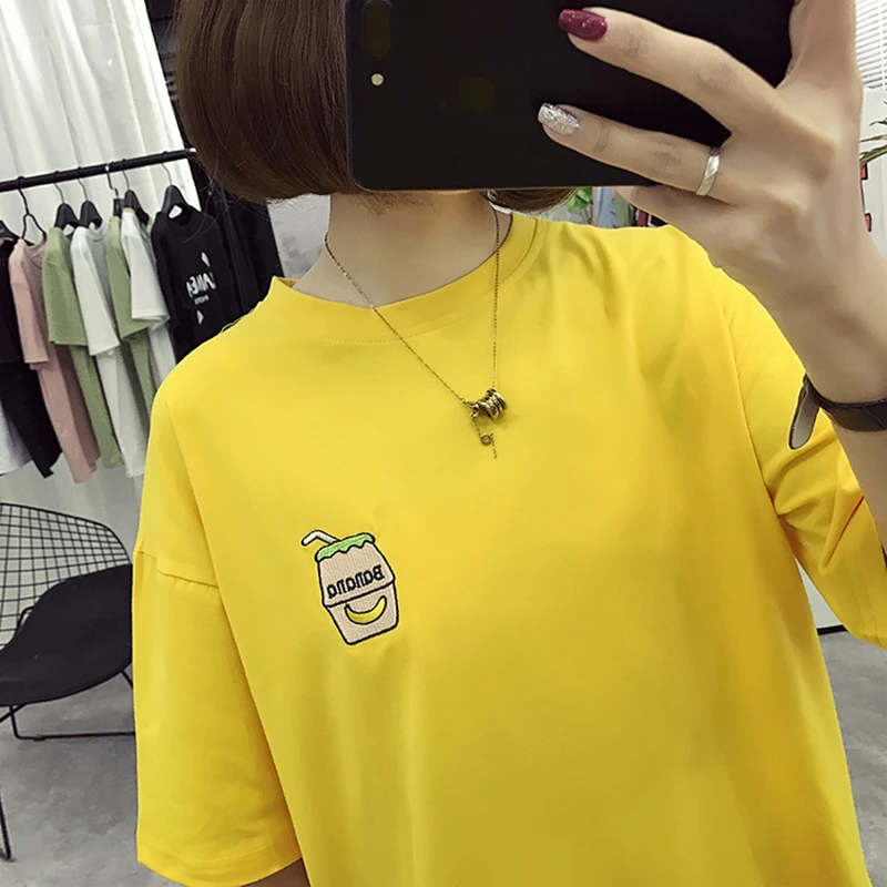 Летние новые милые напитки Бутылка вышивка женские топы с коротким рукавом