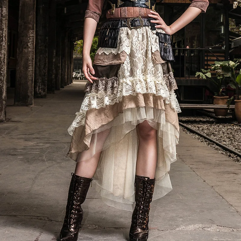 Женская винтажная длинная многослойная кружевная юбка в стиле стимпанк белая и