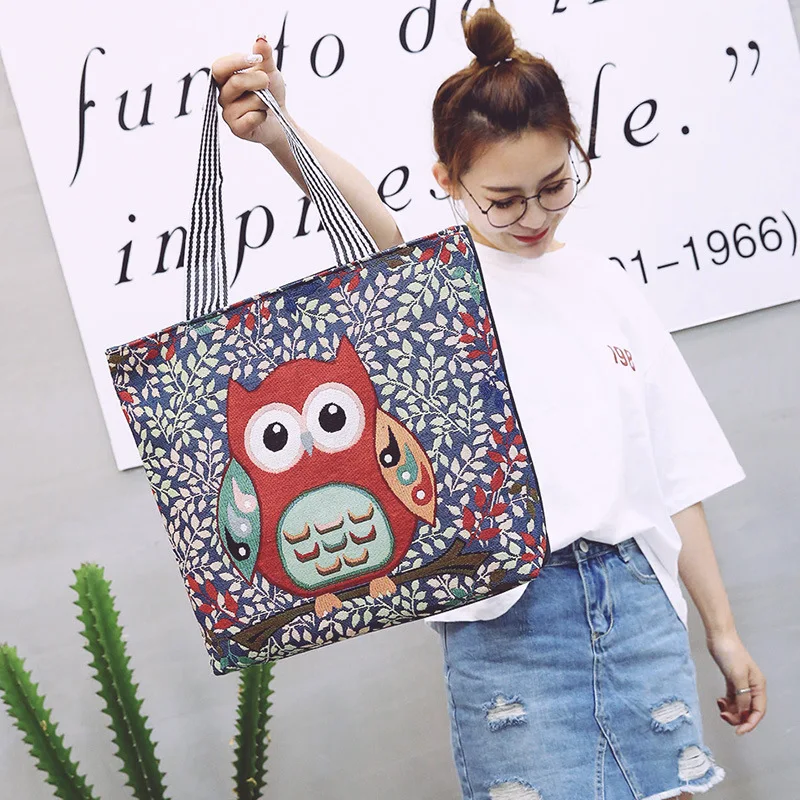 

2019 модная Женская Студенческая сумка с совой из хлопка и льна на одно плечо, сумка-тоут для покупок в клетку, женские льняные холщовые сумки