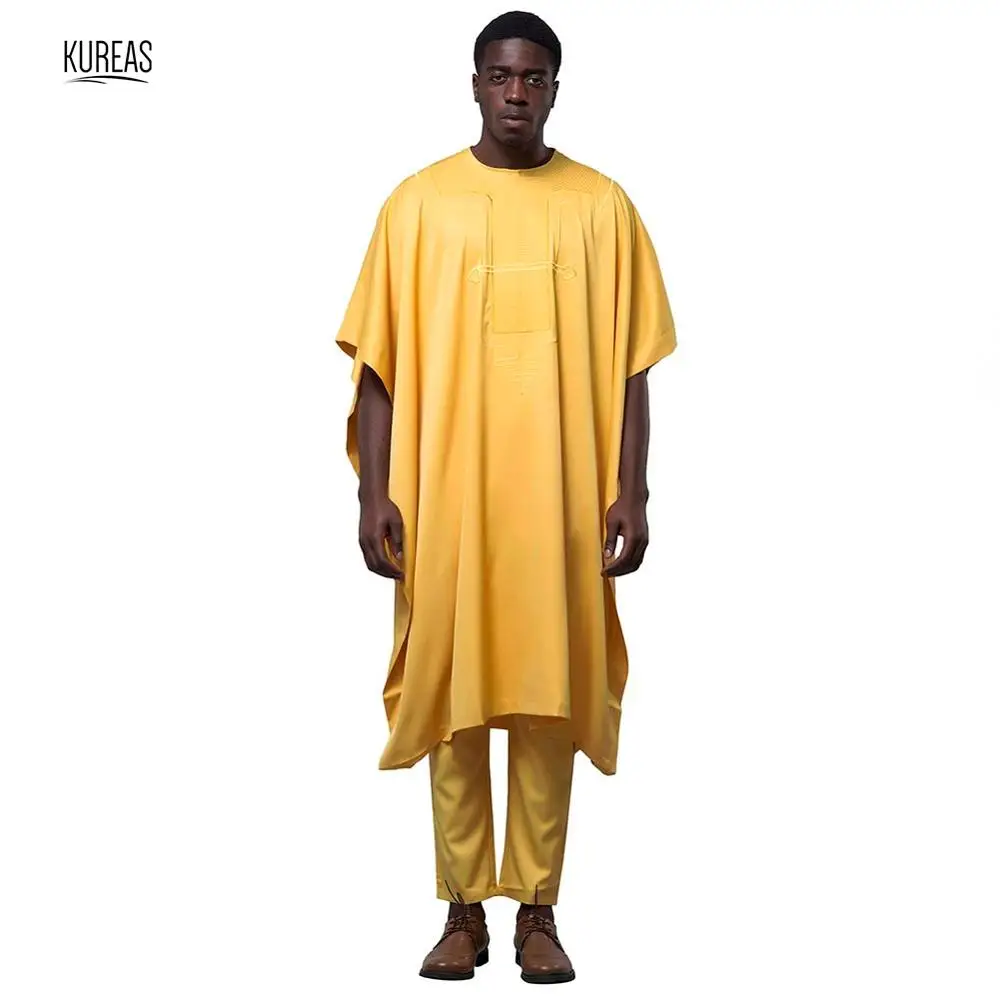 Цвет: желтый Kureas Африканский Agbada традиционный Мужской комплект из 3 предметов с короткими рукавами Дашики костюм желтый Бубу африканская Роба формальный наряд - Цвет: Цвет: желтый