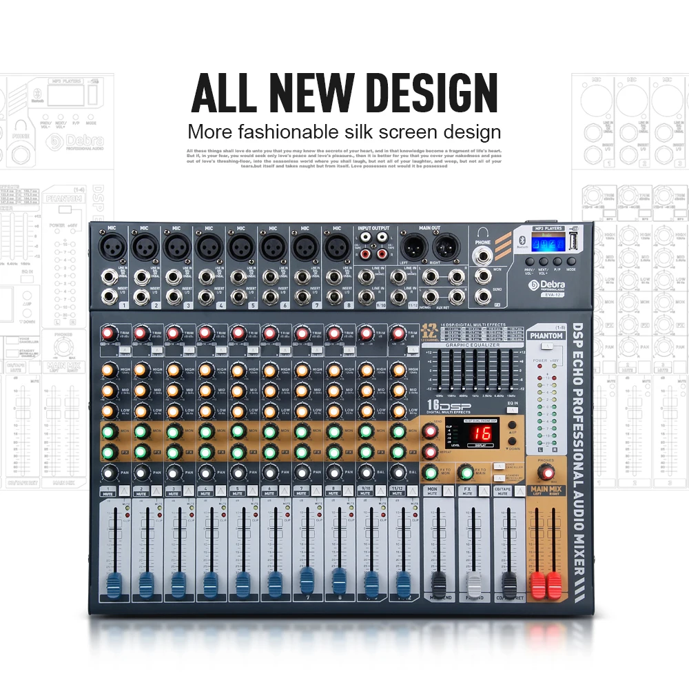 Дебра аудио чистый звук! Pro EVA-12 12 Каналы аудио dj микшер утешителя с 48В Мощность, включающим в себя гарнитуру блютус и флеш-накопитель USB для Запись этап