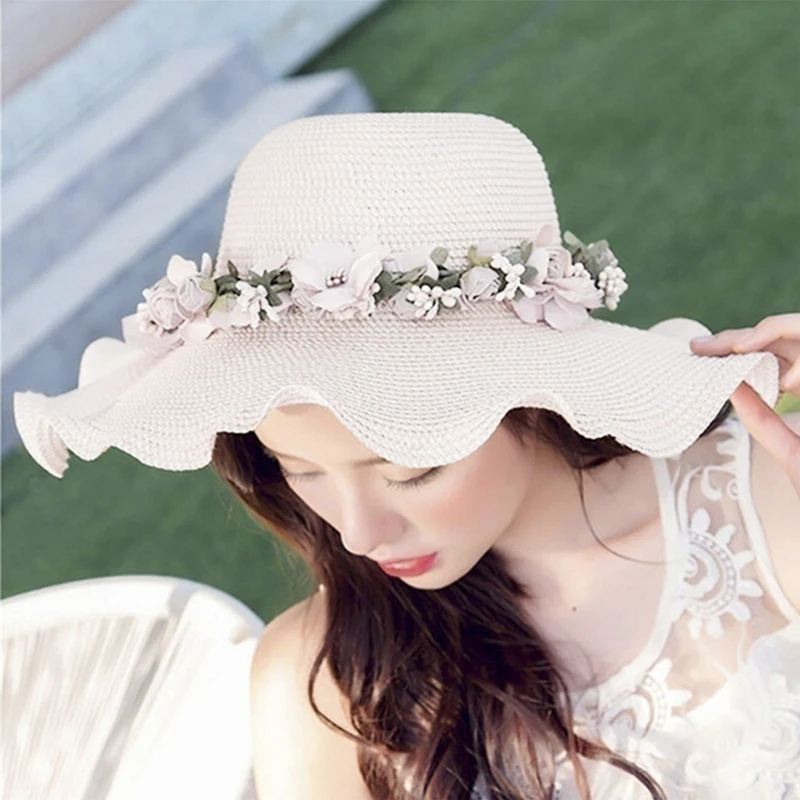 

Women Straw Sun Hats Girls Cap Anti-UV Beach Summer Floppy Cap For Ladies Flower Straw Hat With A Wide Brim