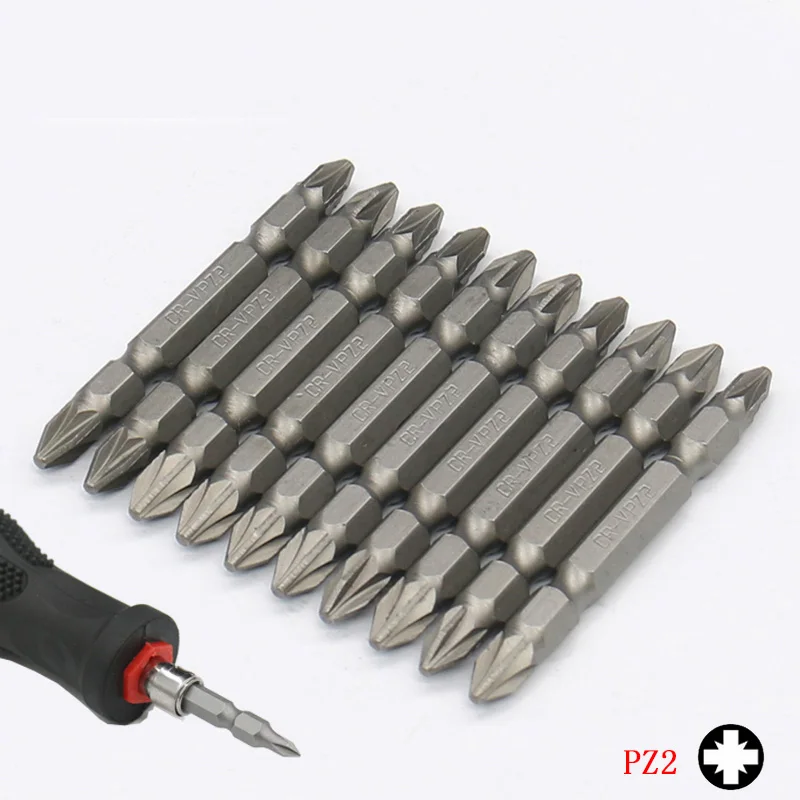 10pcs PZ2 Pozidriv PZ0 PZ1 PZ2 PZ3 Набор бит хром-ванадиевая сталь 65 мм длиной 1/4 дюйма 6,35 мм шестигранный хвостовик Двусторонняя отвертка Биты - Цвет: 10pcs PZ2