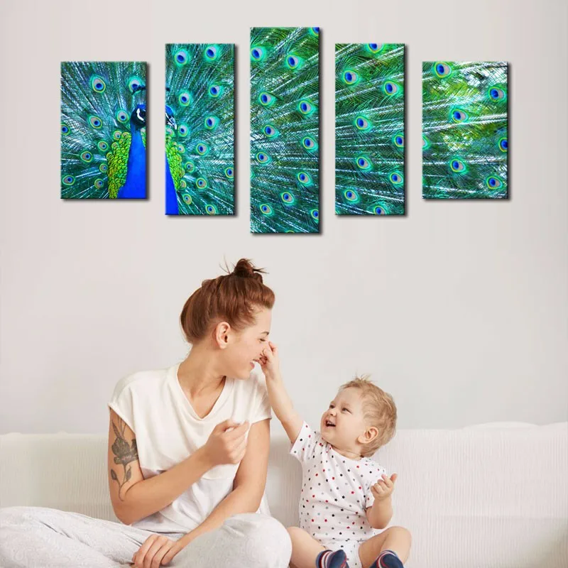 5 Panel Modern E-HOME Peacock Oil Painting Print On Canvas Home Decor Wall Art Picture No Frame Wholesale | Дом и сад