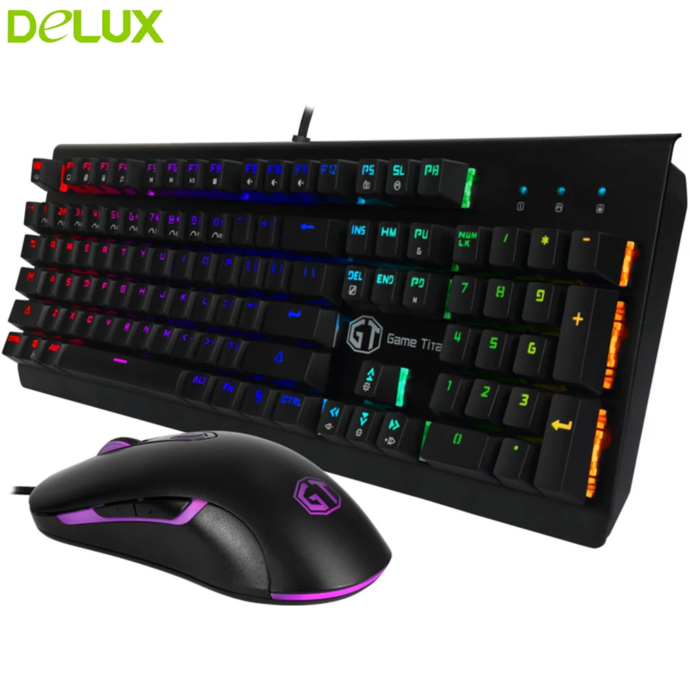 Delux светодиодный RGB игровая клавиатура с подсветкой мышь Combo 4000DPI для ноутбука ПК