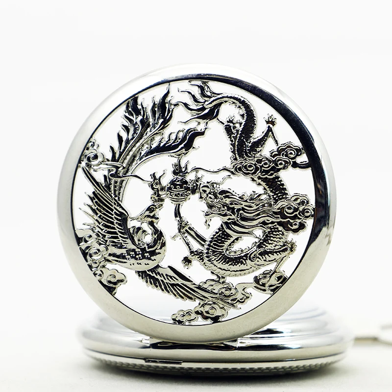 Silver Phoenix Flying Dragon Hollow Mechanical Pocket Watch Vintage Pendant Necklace Bracelet Men's and Women's Clock Gift