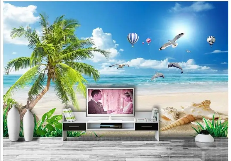 Фотообои на заказ 3d настенные фрески обои Кокосовая раковина пляж море Чайка