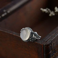 thai silver sterling silver vintage white chalcedony open ring 925 silver stone finger ring gift for women