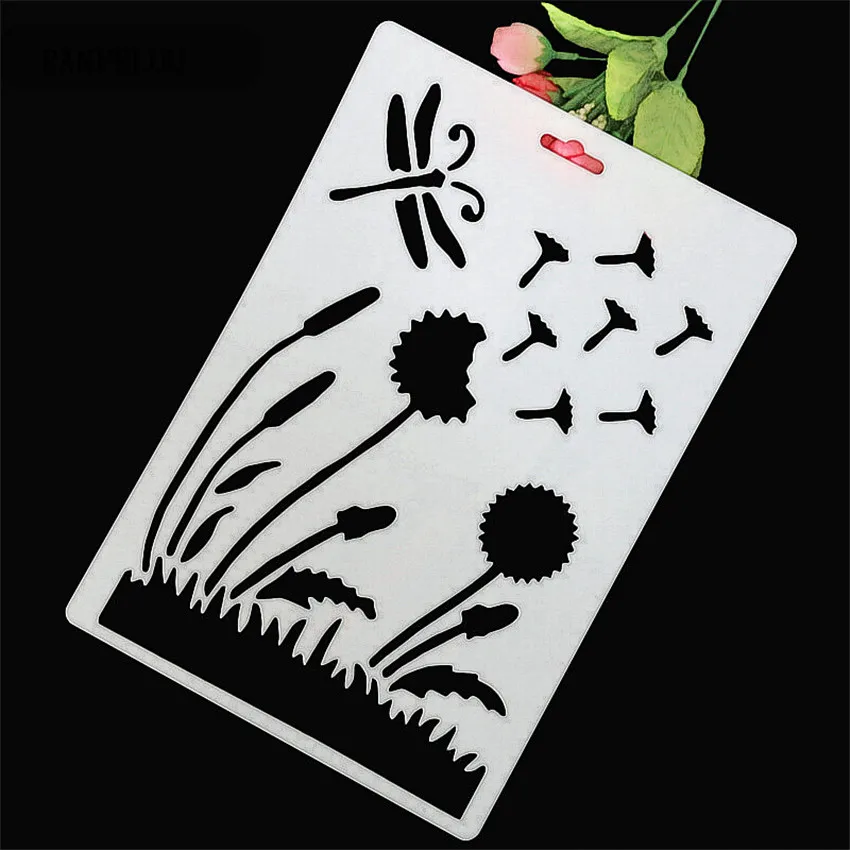 Трафареты для скрапбукинга со стрекозой и одуванчиком Пластиковая форма спрея