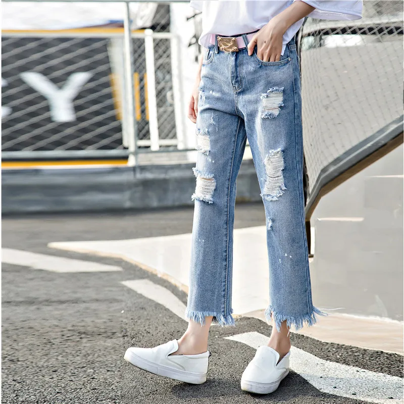 YAGENZ 2017 Fashion Korean Women Hole Burr Jeans High waist Loose Nine points pants Straight Retro Students Wide leg |