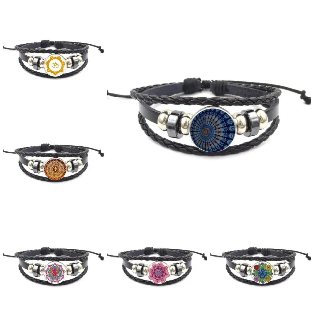Женский браслет в стиле стимпанк черный кожаный с цветком мандалы для свадьбы |