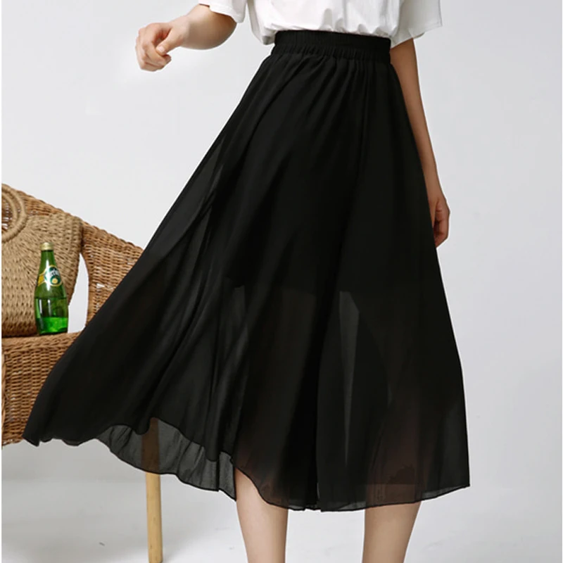 Женские широкие брюки свободные шифоновые с высокой талией черные женская