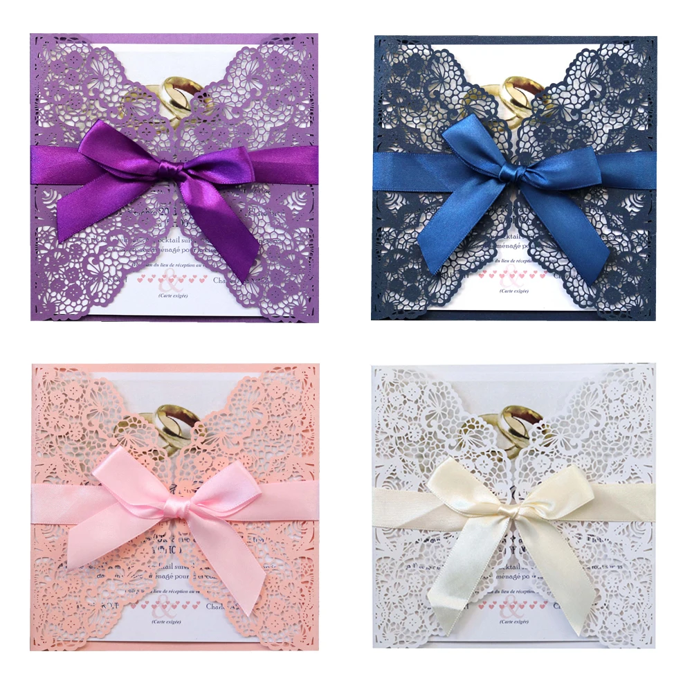 

10pc/lot Hollow Laser Cut Wedding Invitations Elegant Lace Design Engagement Wedding Invitation Card With Ribbon Envelop