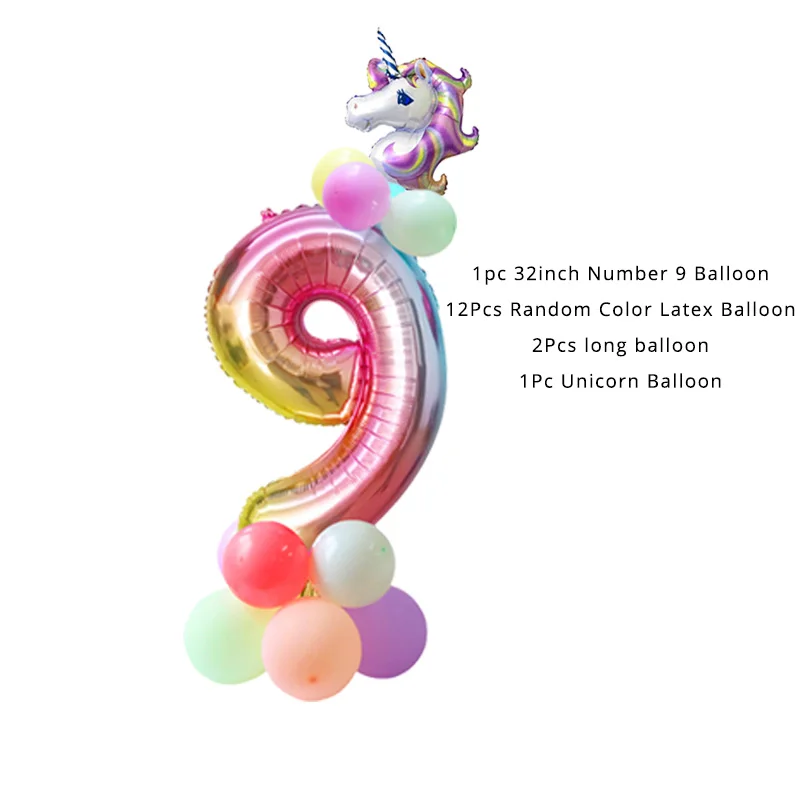 number balloon set 9 Вечерние принадлежности с единорогом, Розовая Повязка на голову с единорогом, одноразовый набор столовых приборов для девочек, украшения для дня рождения, принадлежности с единорогом - Цвет: number balloon set 9