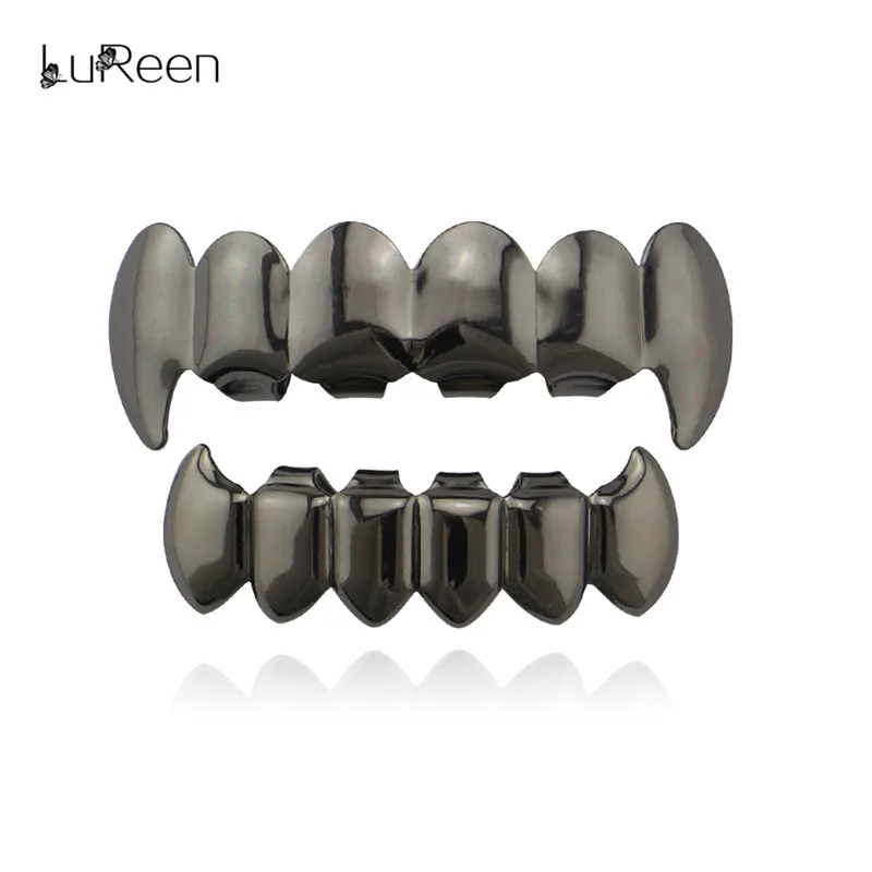 LuReen золотые зубы Grillz Топ& Botom зуб грили стоматологический Хэллоуин Клык вампир зубы шапки вечерние украшения для тела XHYT1076 - Окраска металла: black set