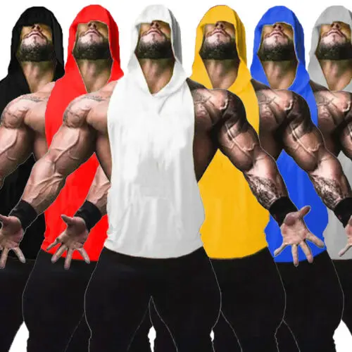 Простая мужская однотонная майка без рукавов с капюшоном открытым вырезом для