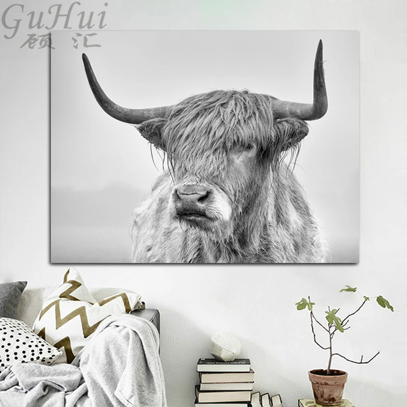Chinese Black and White Tibetan Yak Animal Decorative Painting Living Room Background Photography Cattle Wall Picture Poster | Дом и сад