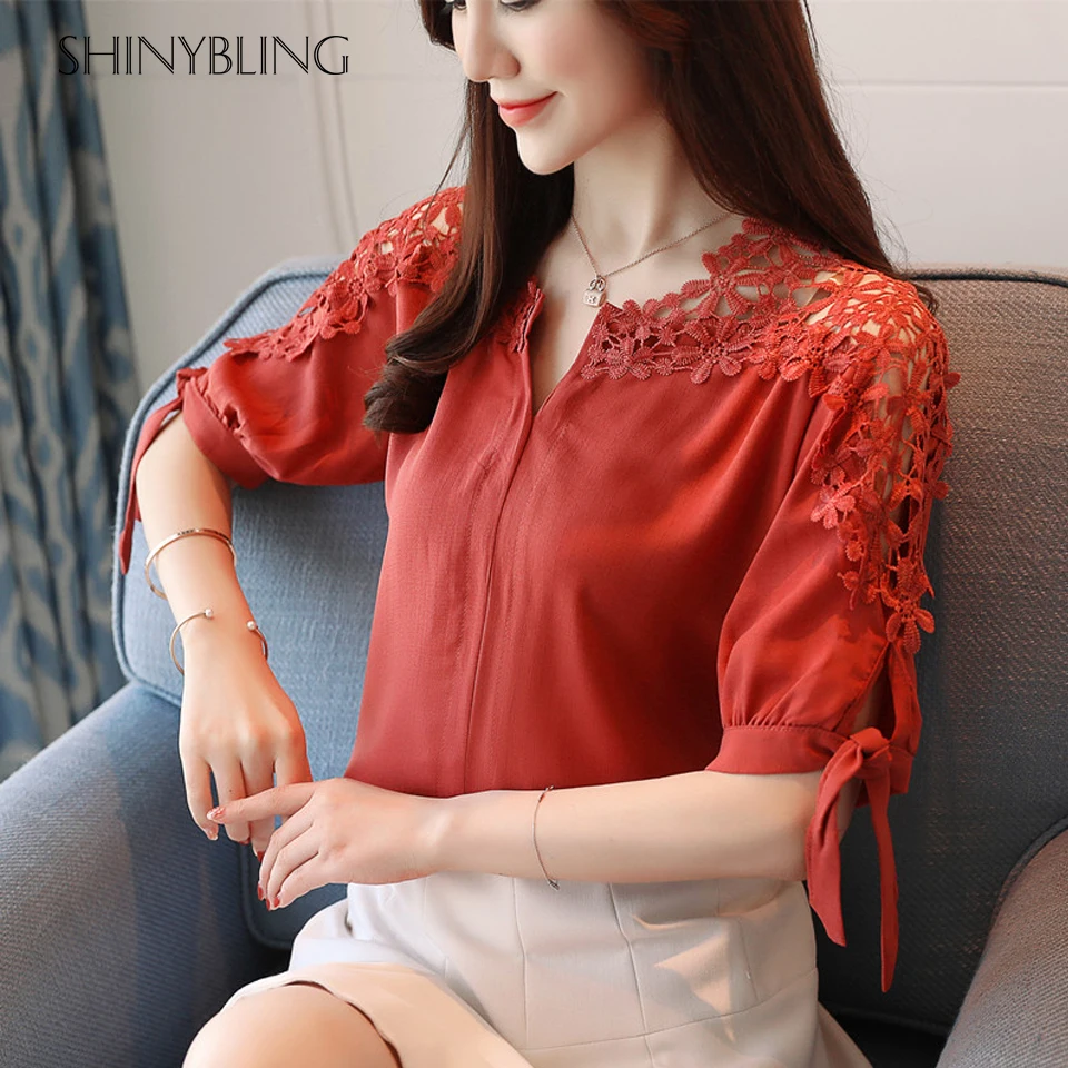 Shinybling Новый Для женщин блузки рубашка выдалбливают кружевная блузка Футболка
