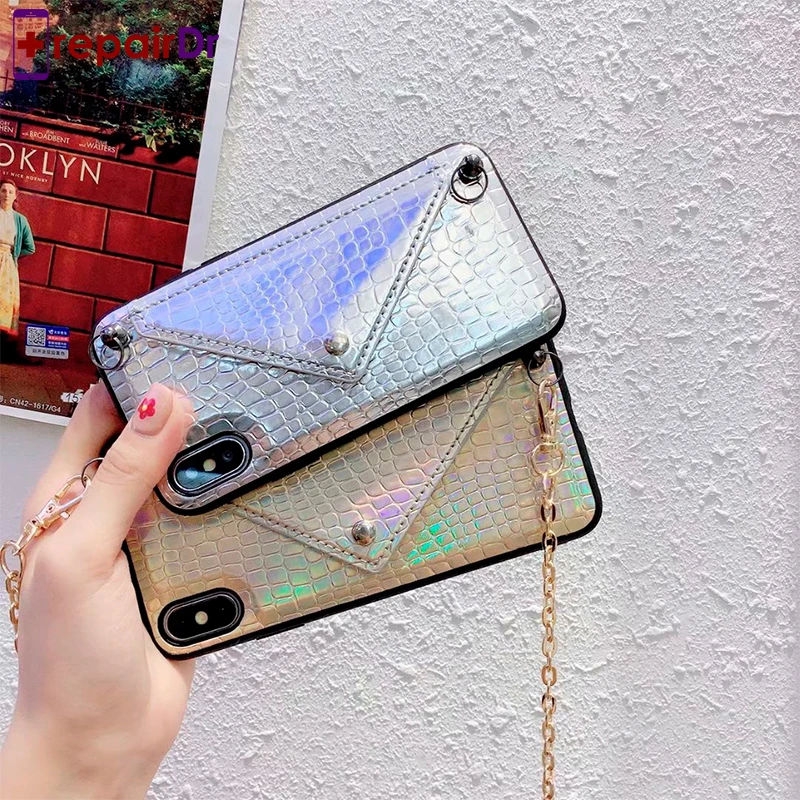 Luxury Case For iPhone XR XS Max Credit Card Snake Skin Phone Case For iPhone 6 7 8 Plus Wallet Strap Crossbody Long Chain Cover