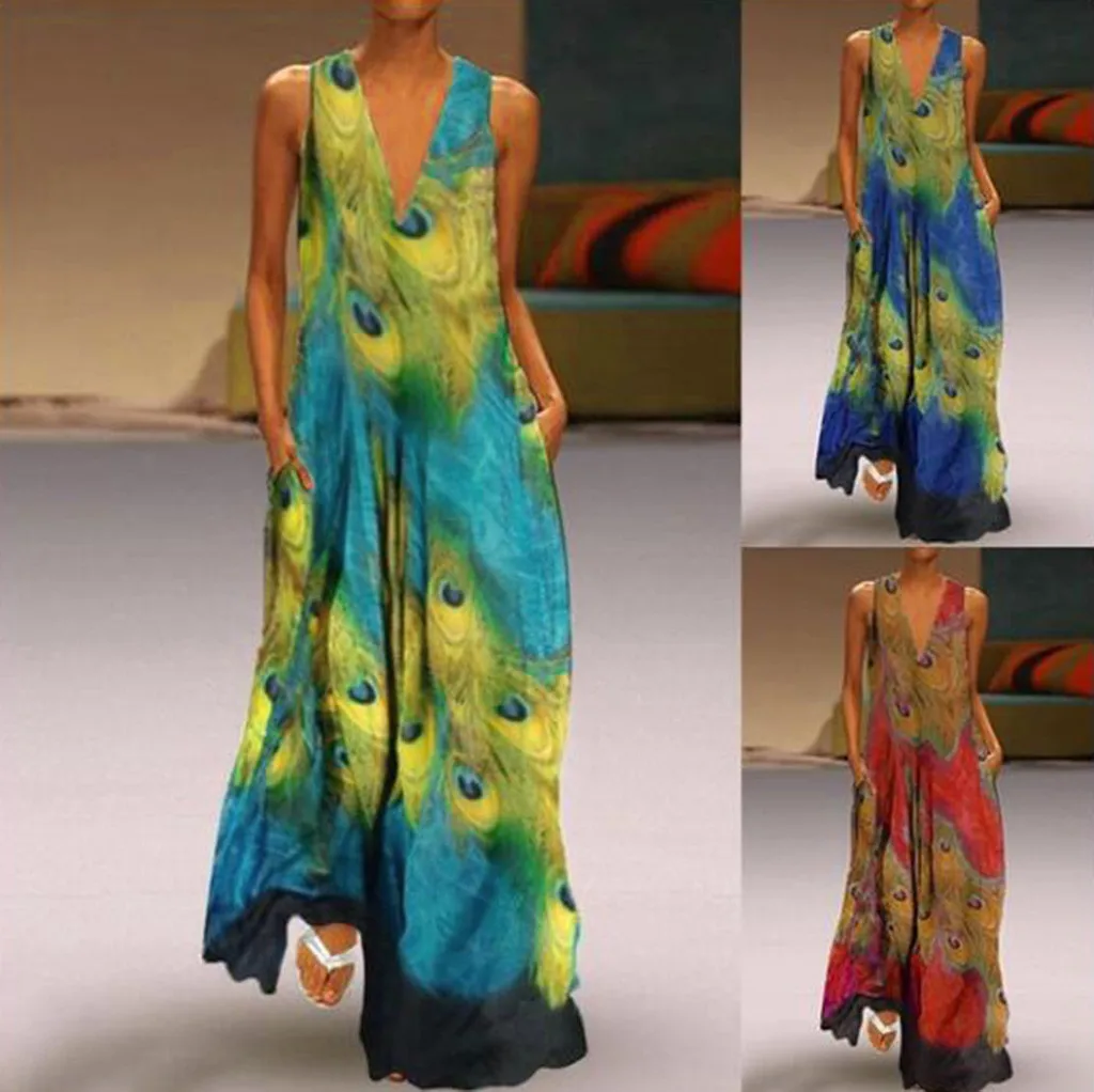 Платье в пол женское длинное с принтом Павлин и V образным вырезом|Женские платья|