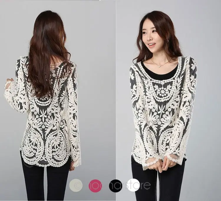 Blusas Femininas, женская сексуальная Кружевная блуза с длинным рукавом, топы, модные Ажурные вязаные топы