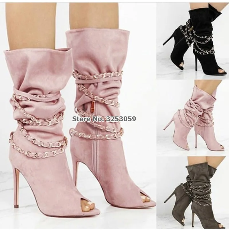 Женские замшевые сапоги с цепочкой ALMUDENA розовые серые черные до середины икры