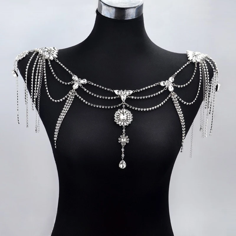 Himstory Rhinestone Crystal Bridal Shoulder Chain Necklace Tassels Dangle Bid Necklace Wedding Party Chokers Necklace Jewelry