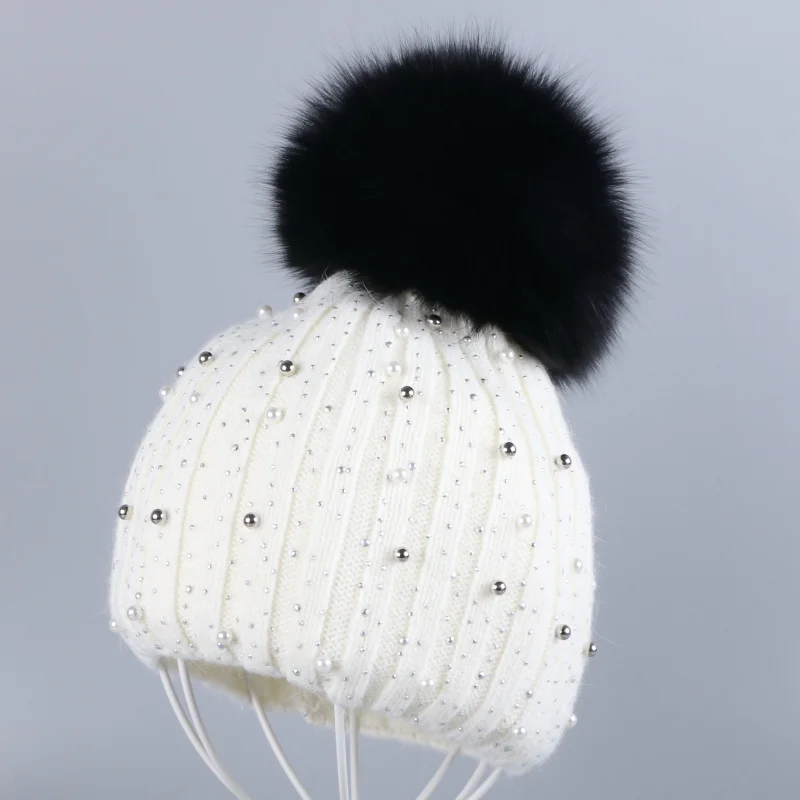 Fox Pom white hat Новая женская кашемировая зимняя шапка, тонкие шапочки из натурального меха лисы и норки, помпоны, шапочки Skullies, кашемировые Стразы модные зимние шляпы - Цвет: Fox Pom white hat