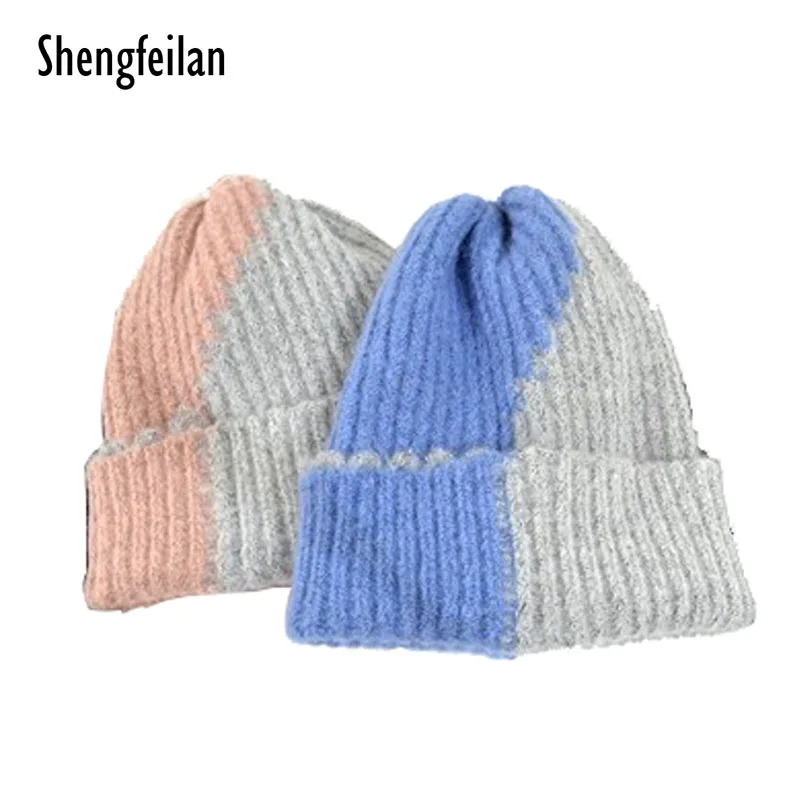 Модные двухцветные Лоскутные Шапки для женщин зимние теплые Skullies хлопковые