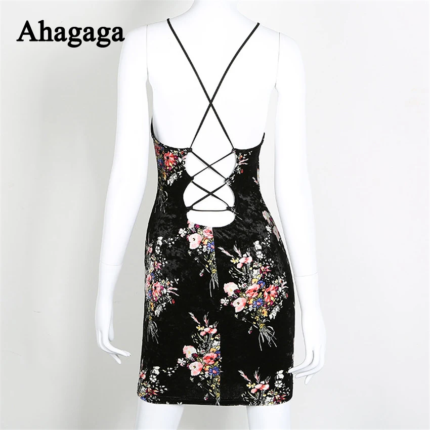 Ahagaga 2017 Spring Summer Sexy Club Dress Women Fashion Flower Print Hollow out V-neck sexy Slim Sheath Dresses | Женская одежда