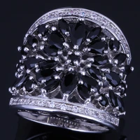 tantalizing huge black cubic zirconia white cz silver plated ring v0158