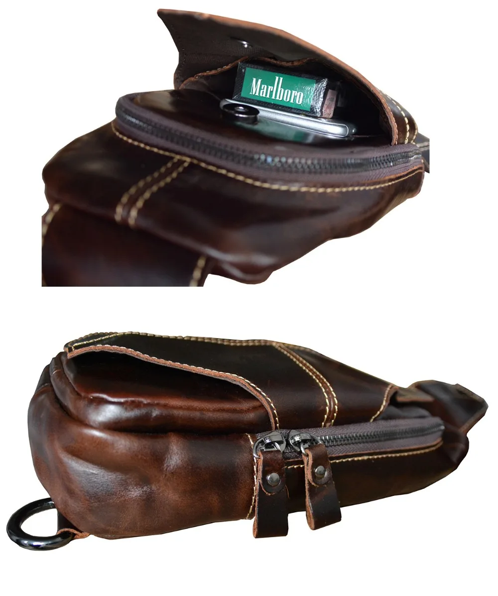 Мужская нагрудная сумка из натуральной кожи коричневая сумка-мессенджер